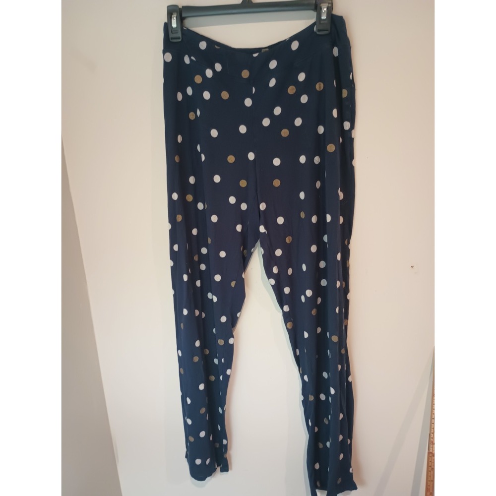 Soma Womens M Navy Blue Polka Dot Lounge Pants Gold Metallic Wide Leg Stretch
